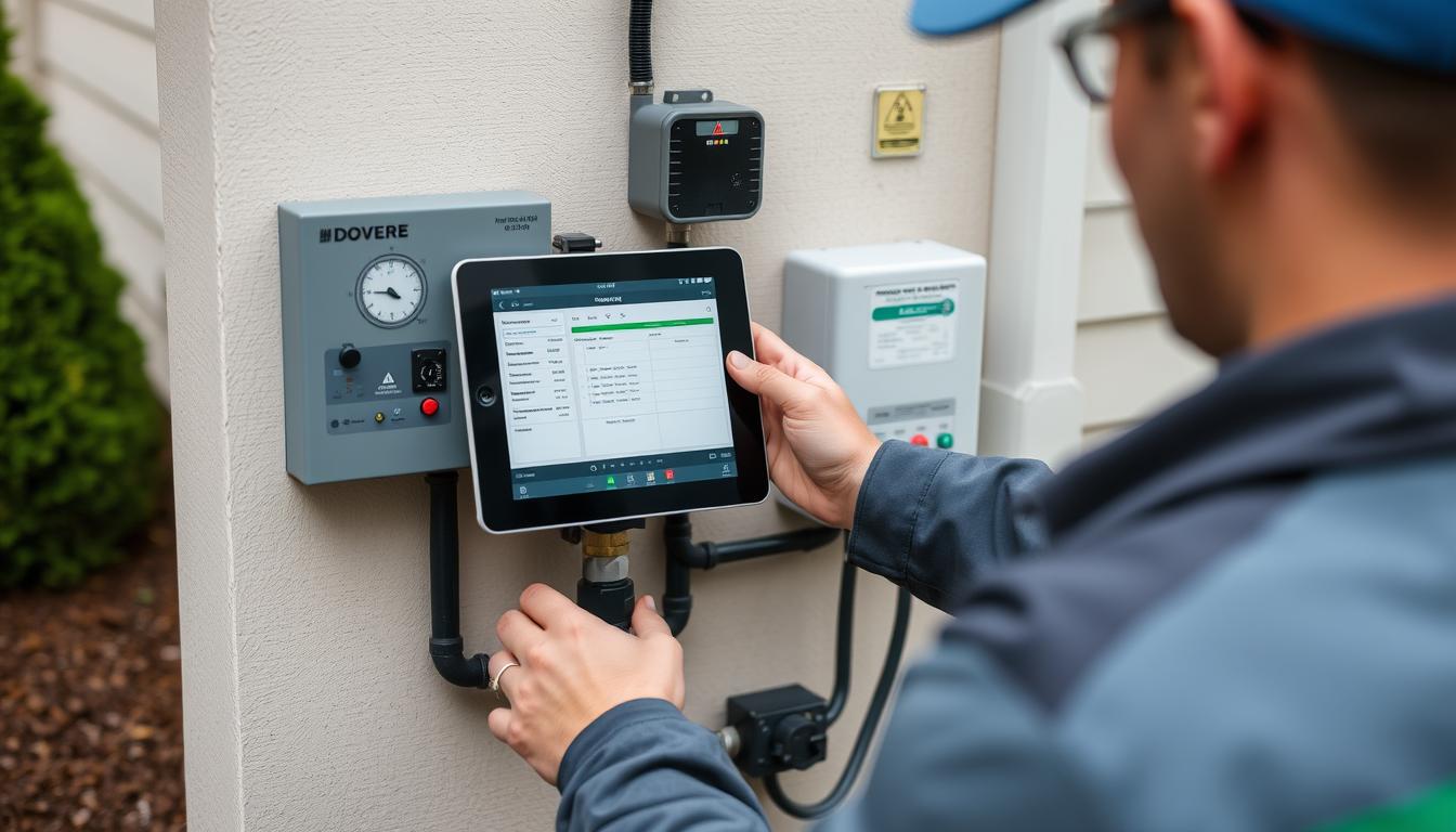 JC Landscape technician diagnosing a sprinkler system issue in Arlington, MA
