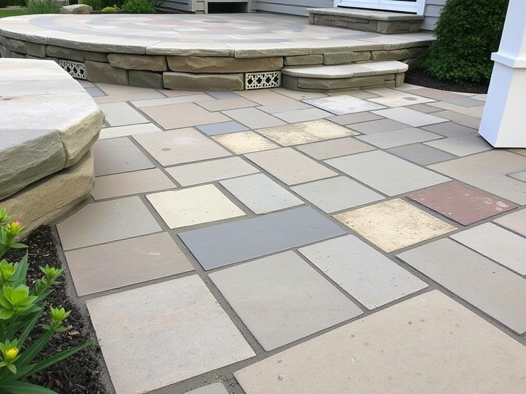 Custom natural stone patio with fire pit in Dover backyard