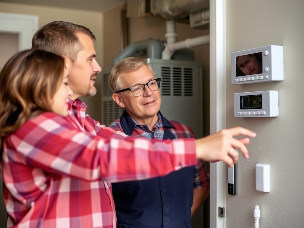 ComfortMax technician explaining new central AC system to Sherborn homeowner