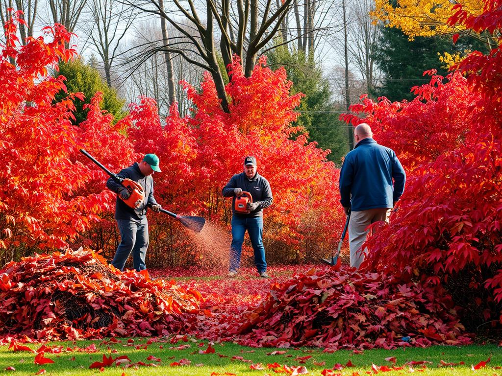 Fall leaf removal in Acton, MA showing team clearing colorful autumn leaves
