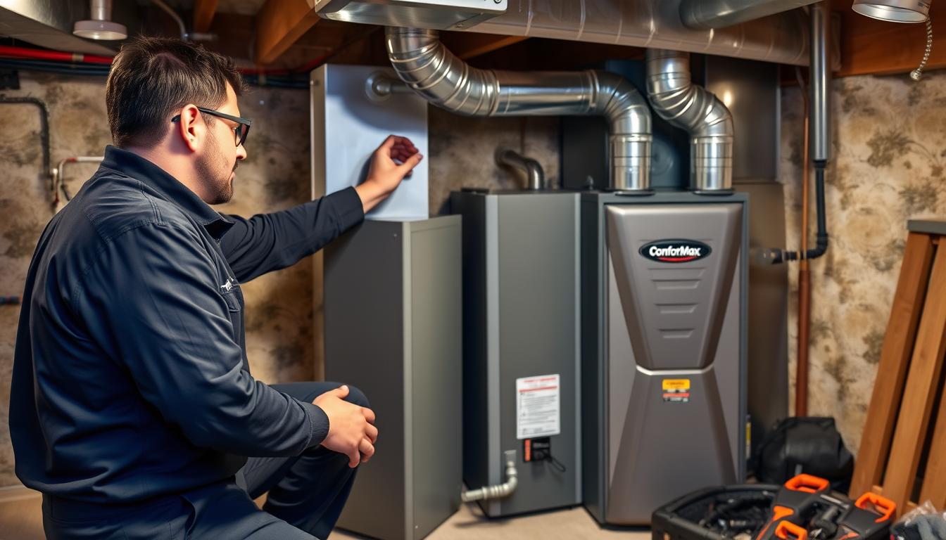 Furnace replacement in Millis, MA. ComfortMax technician installing a new energy-efficient heating system