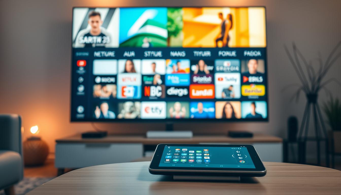 A modern, high-quality IPTV service in Spain, showcasing a sleek and intuitive user interface on a variety of digital devices. The scene depicts a living room setting with a large, high-definition television screen displaying a diverse range of channels, from popular Spanish networks to niche international content. In the foreground, a tablet or smartphone rests on a minimalist coffee table, exhibiting the IPTV service's easy-to-navigate mobile app. The lighting is warm and inviting, creating a cozy atmosphere that highlights the comfort and convenience of streaming television at home. The overall composition conveys the accessibility and affordability of the IPTV solution, catering to the needs of modern Spanish consumers.