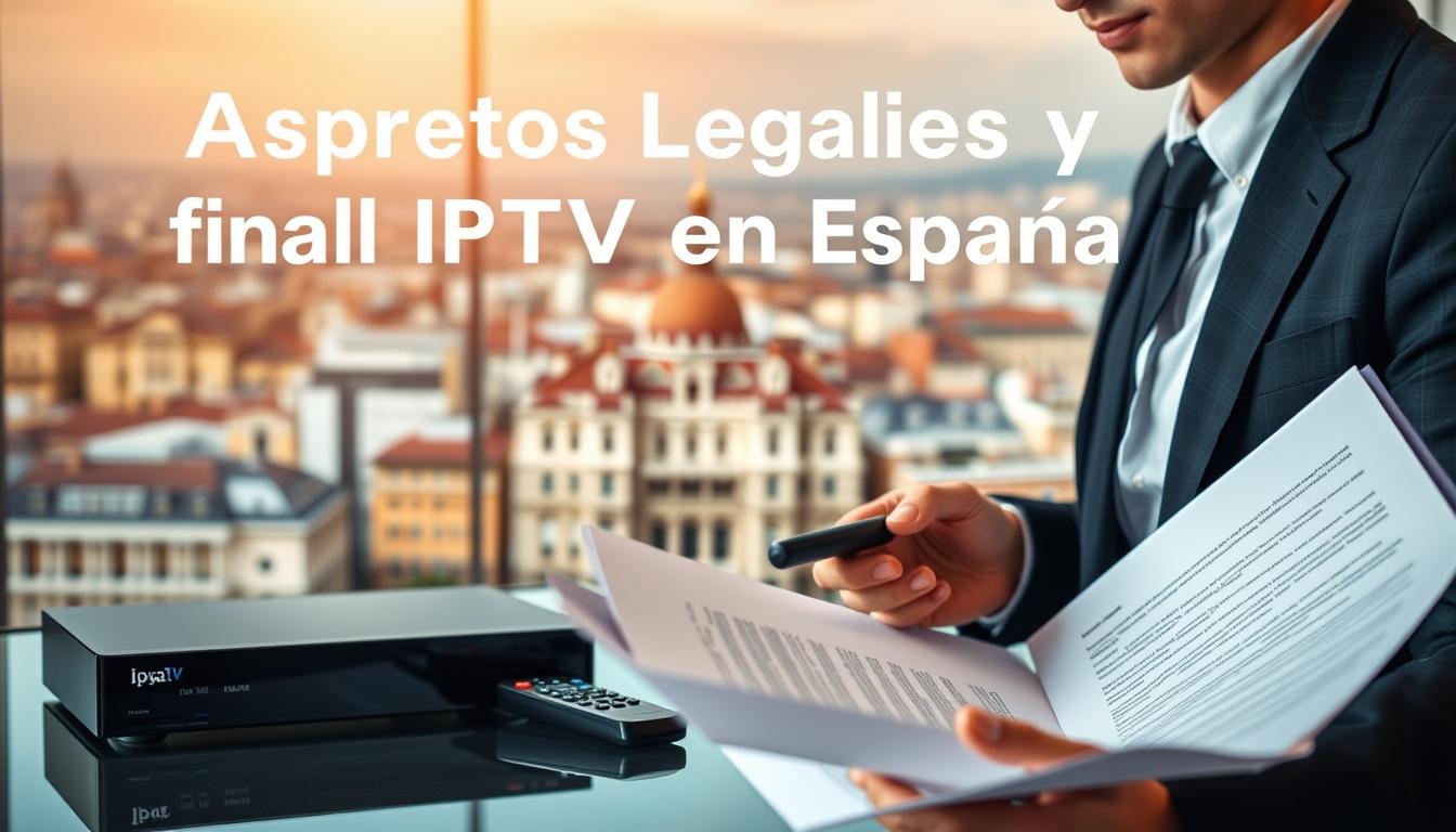 A professional, authoritative, and visually compelling image of the legal aspects and reliability of IPTV in Spain. The foreground features a person in formal business attire reviewing legal documents, conveying the regulatory and compliance considerations. The middle ground shows an IPTV streaming device and remote control, representing the technology and services. The background depicts a cityscape of Madrid, suggesting the Spanish context. The lighting is warm and inviting, creating an atmosphere of trust and credibility. The camera angle is slightly elevated, lending an air of professionalism and expertise. The overall composition balances the human, technological, and geographic elements to visually communicate the "Aspectos Legales y Fiabilidad del IPTV en España".