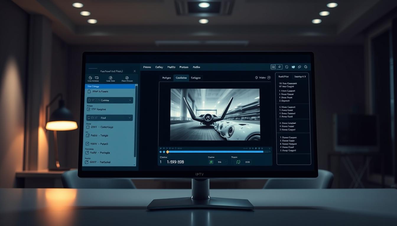 Detailed technical configuration of IPTV Extreme Pro software interface on a sleek, modern desktop computer screen. The foreground features the program's main dashboard with various settings and options, all presented with a minimalist, high-contrast design. The middle ground shows a media player window displaying a high-quality video stream. The background depicts a dimly lit, serene office environment with soft lighting and muted colors, creating a calm, professional atmosphere. The overall scene conveys a sense of control, efficiency, and an immersive IPTV experience.