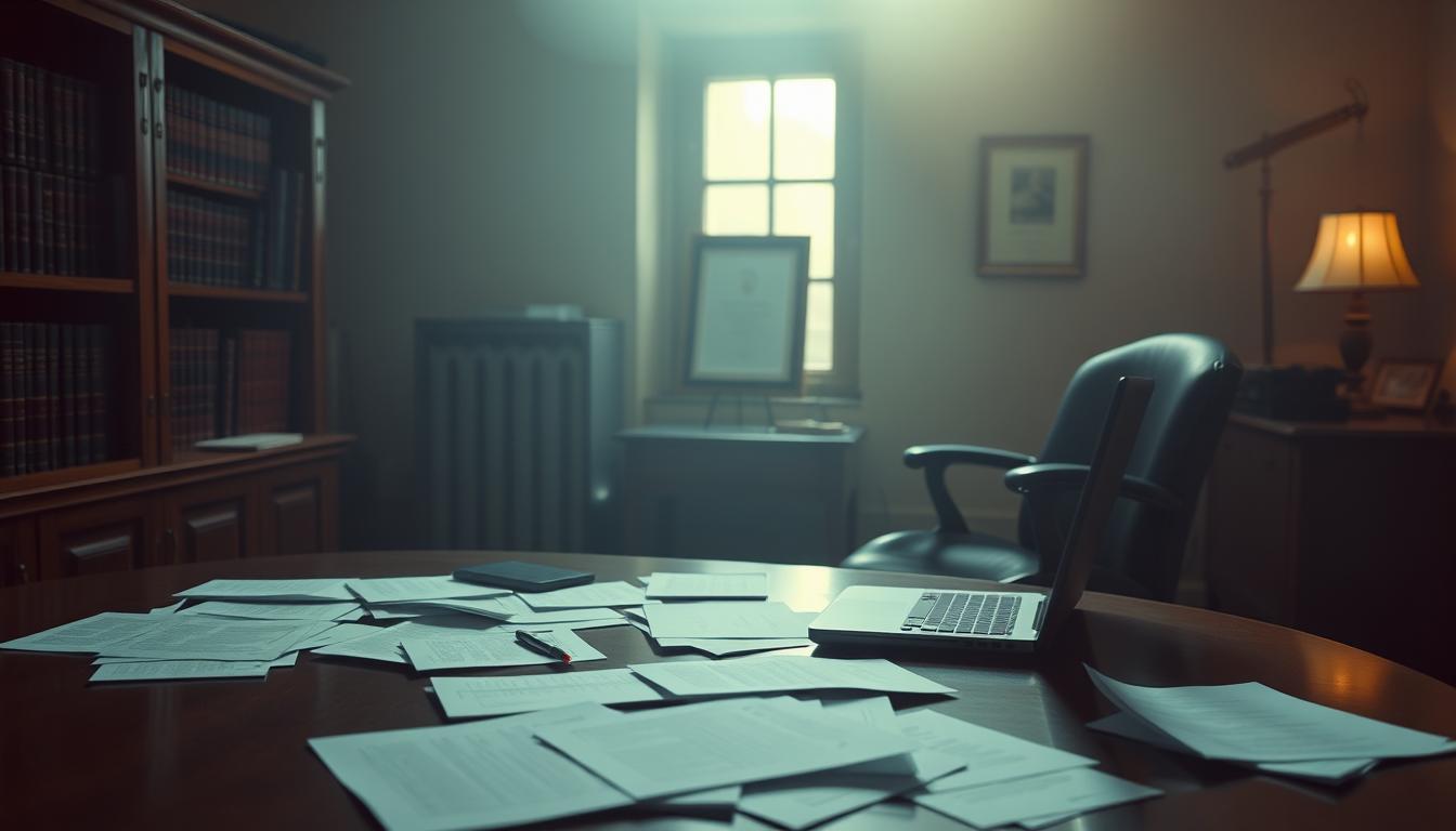A dimly lit office interior, with a large wooden desk and a swivel chair in the foreground. On the desk, various legal documents and a laptop are scattered, conveying a sense of bureaucratic deliberation. In the middle ground, a bookshelf filled with legal tomes and a framed certificate on the wall hint at the professional nature of the space. The background is hazy, with a subtle glow from a window, suggesting an atmosphere of contemplation and introspection. The lighting is warm and muted, creating a serious and pensive mood. The overall composition suggests the complexities and considerations surrounding the legal aspects of IPTV in Ireland.