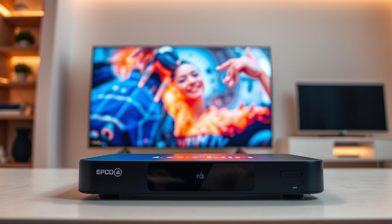 Pristine IPTV streaming quality, captured in a sleek, modern setting. A high-resolution display dominates the foreground, showcasing vibrant, lifelike video playback with crisp details and vivid colors. Subtle ambient lighting casts a warm, inviting glow, highlighting the precision engineering and premium materials of the streaming device. In the background, a minimalist, tech-forward environment suggests the cutting-edge technology powering the IPTV experience. The overall scene conveys a sense of reliability, performance, and the future of home entertainment.