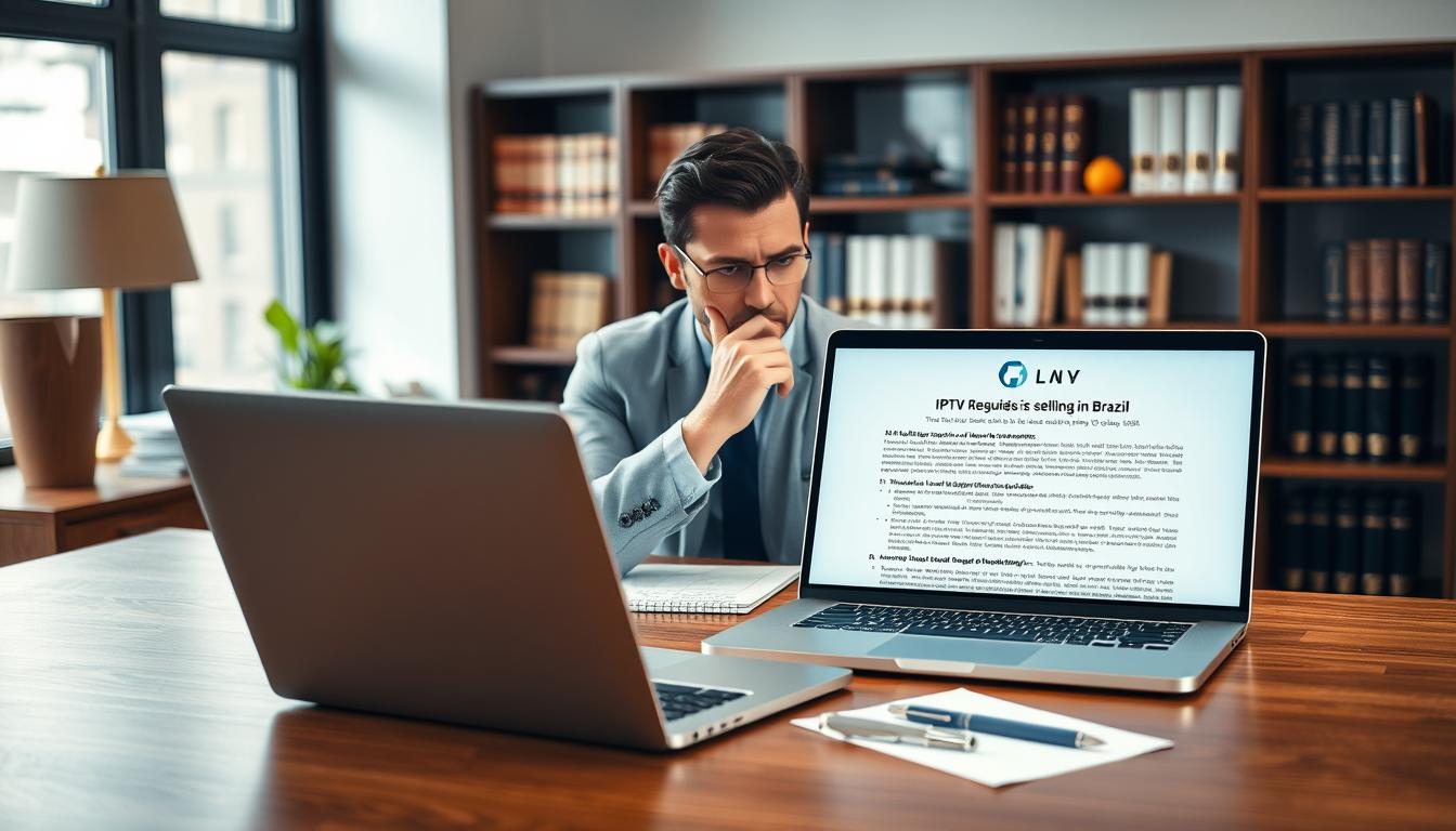 A well-lit, high-angle shot of a modern law office interior, featuring a large wooden desk, a bookshelf with legal volumes, and a potted plant. In the foreground, a laptop displays legal documentation related to IPTV regulations, with a pen and notepad nearby. The middle ground showcases a pensive-looking businessman, contemplating the legal aspects of IPTV reselling in Brazil. The background is slightly blurred, emphasizing the focus on the legal documents and the decision-making process. The overall mood is one of thoughtful consideration, with a touch of professionalism and attention to detail.