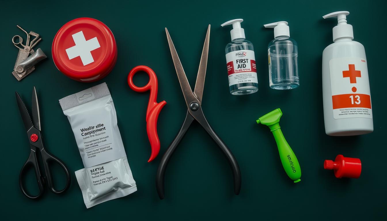 Safety equipment including safety shears and first aid supplies next to kinky toys