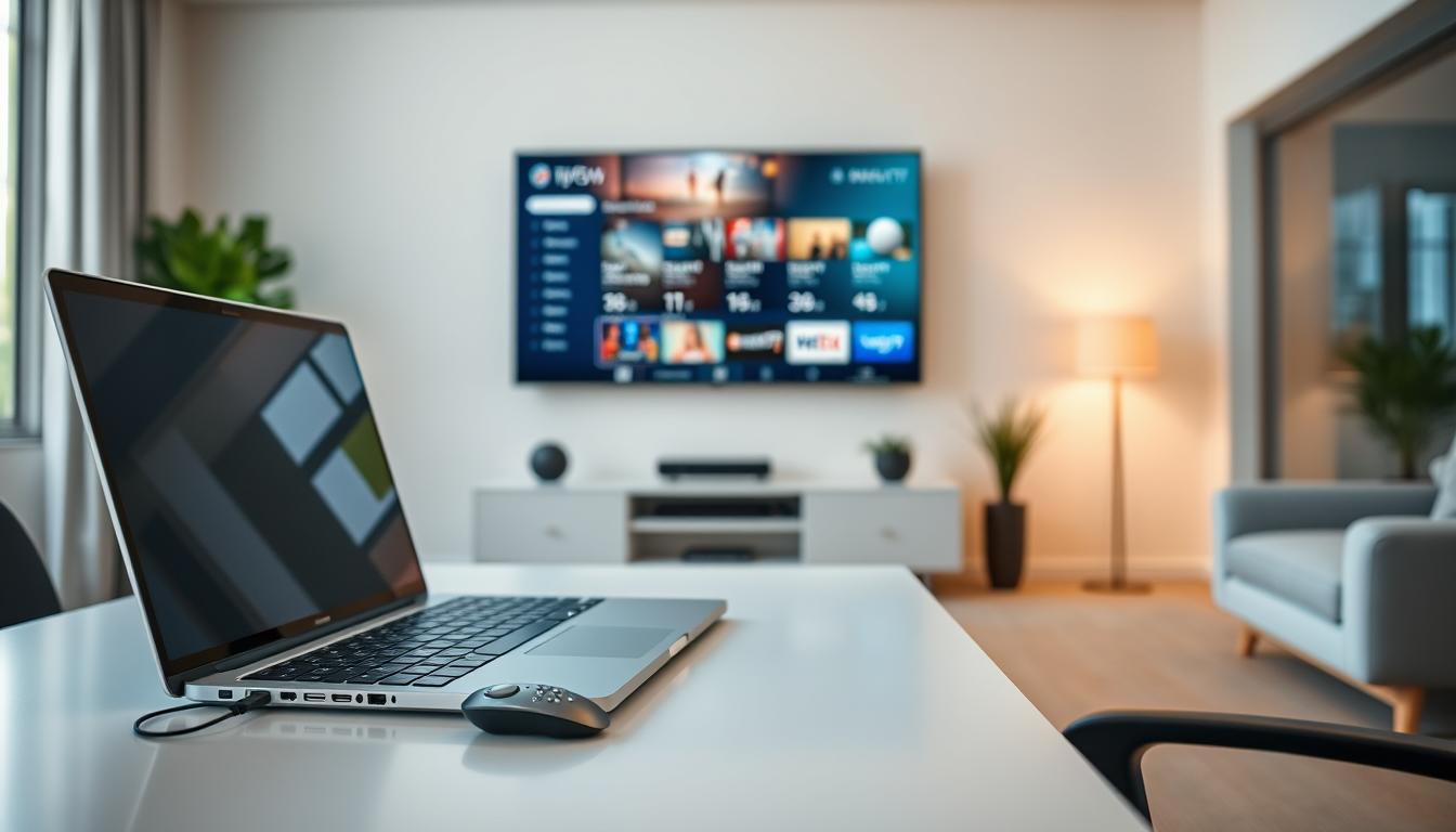 A modern home office setup with a sleek, minimalist desk. In the foreground, a laptop and wireless mouse sit atop the desk, alongside a remote control for an IPTV streaming device. In the middle ground, a high-resolution smart TV is mounted on the wall, displaying IPTV service menus and content. The background features large windows with natural light pouring in, illuminating the space and creating a warm, inviting atmosphere. The overall scene conveys a sense of efficiency and technological sophistication, reflecting the subject of IPTV configuration and usage.