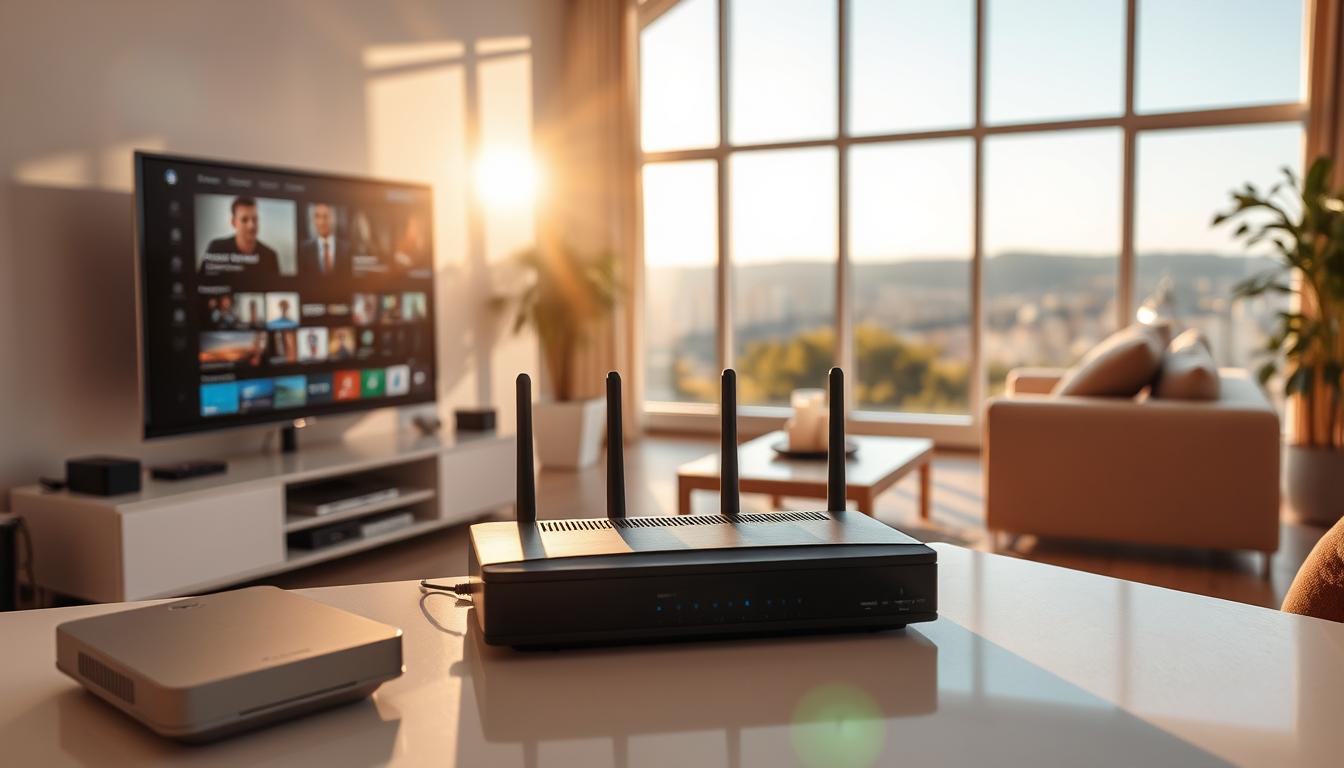 A warm, sunlit scene of a legal IPTV setup in Spain. In the foreground, a modern flat-screen TV displaying streaming content, surrounded by a sleek, minimalist entertainment center. Beside it, a high-end router and network equipment, conveying a sense of reliable, high-speed internet connectivity. In the middle ground, a comfortable living space with tasteful decor, suggesting a cozy and inviting atmosphere for enjoying online television. The background features a scenic view through large windows, perhaps of a cityscape or natural landscape, hinting at the boundless entertainment options available through legal IPTV services in Spain. The overall mood is one of sophistication, legality, and the seamless integration of technology into a refined, domestic setting.