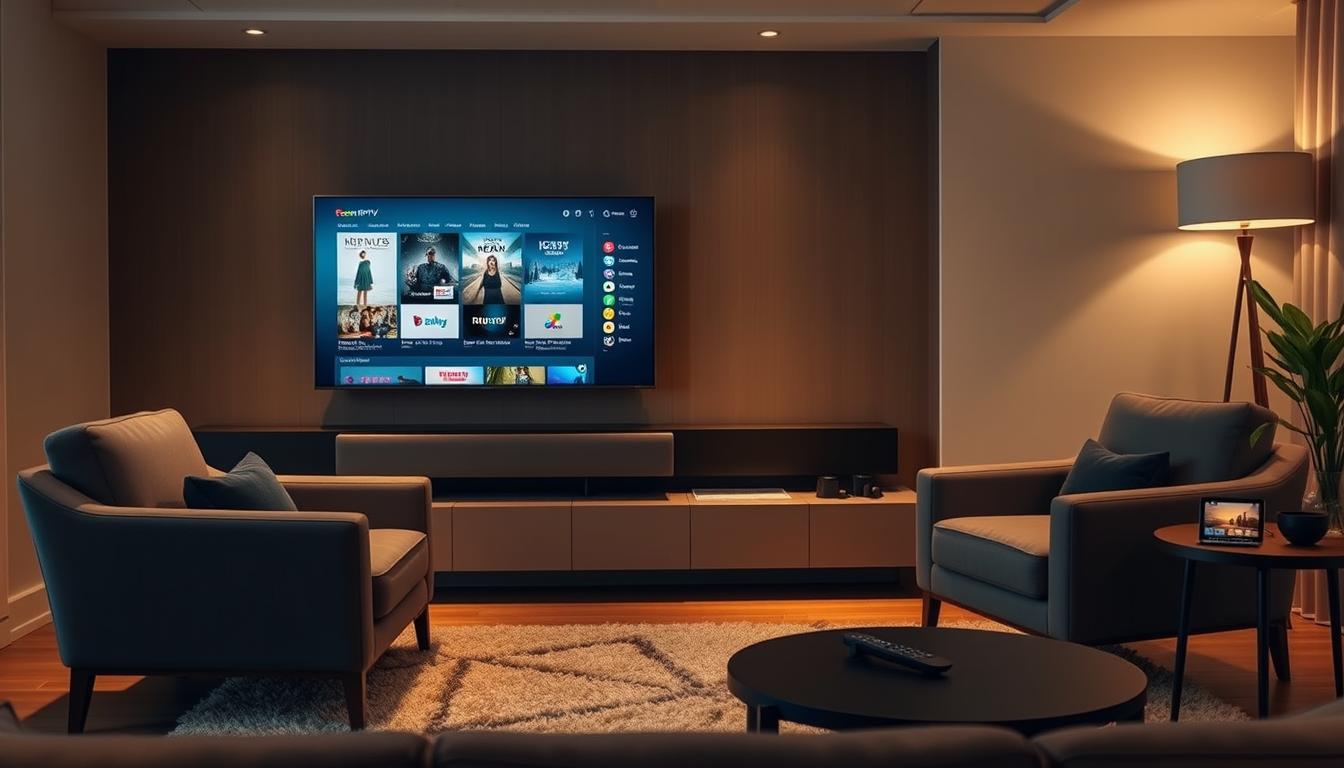A cozy living room setup, showcasing the Room IPTV interface on a flat-screen TV. The TV is mounted on a modern, minimalist wall unit, with a sleek sound bar positioned beneath it. The room is bathed in warm, soft lighting, creating a inviting and relaxing atmosphere. In the foreground, a plush area rug and a pair of comfortable armchairs invite viewers to sit and enjoy the entertainment experience. On a side table, a remote control and a smart home device hint at the integrated, seamless technology powering the Room IPTV system. The overall scene conveys a sense of ease and sophistication, highlighting how Room IPTV can elevate the home entertainment experience.