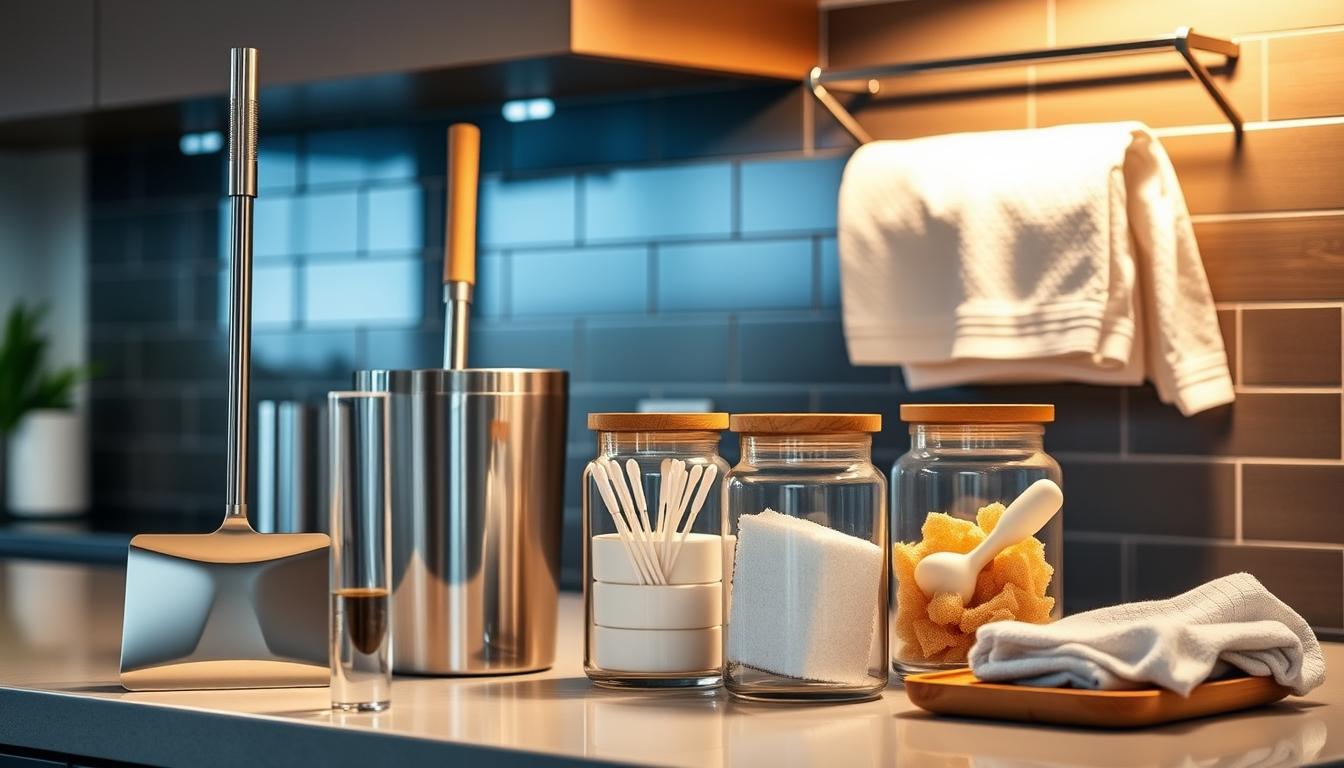A well-lit kitchen countertop showcases an assortment of must-have household accessories. In the foreground, a sleek stainless steel dustpan and brush set stands alongside a minimalist geometric trash can. In the middle ground, a set of elegant glass jars with wooden lids contains everyday essentials like cotton swabs and sponges. In the background, a modern wall-mounted drying rack displays freshly laundered dish towels. The lighting is warm and inviting, highlighting the textures and materials of these practical yet stylish home accents. An atmosphere of effortless organization and attention to detail pervades the scene.