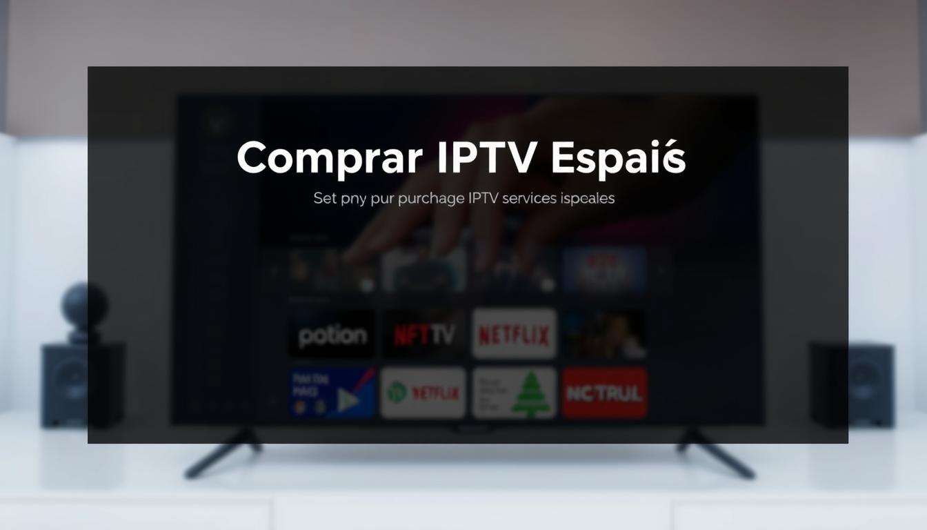 A modern, clean-looking website interface displaying a prominent "Comprar IPTV España" headline, with a step-by-step guide on how to purchase IPTV services in Spain. The foreground features minimalist icons and UI elements, while the middle ground showcases a grid of IPTV package options. The background has a soft, blurred focus, with subtle IPTV-related graphics or a simple color gradient. The overall mood is professional, informative, and visually appealing, guiding the viewer through the process of buying IPTV in Spain.