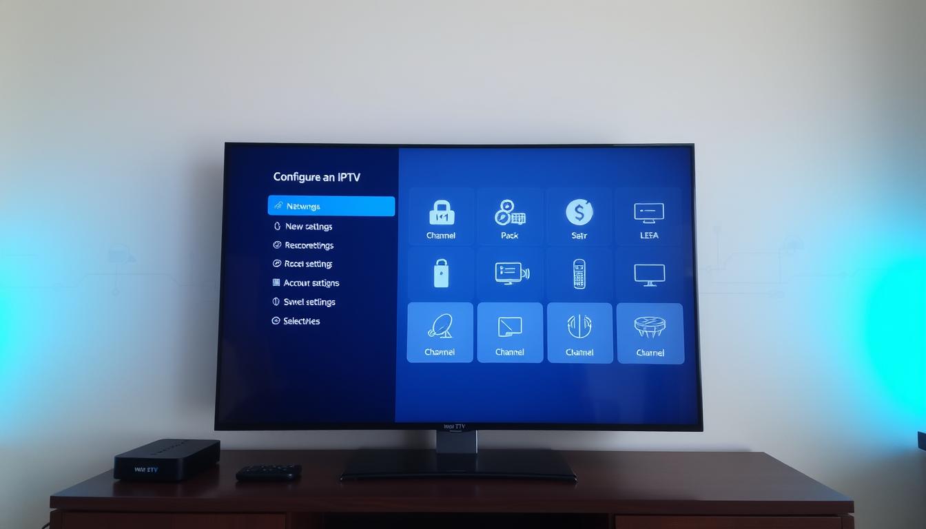 A smart TV displaying a graphical user interface for configuring an IPTV service. The foreground shows a simple, clean on-screen menu with options for network settings, account login, and channel selection. The middle ground depicts various IPTV icons, logos, and metaphorical imagery, such as satellite dishes and streaming platforms. The background has a muted, technology-inspired color palette with subtle digital patterns and textures, conveying a sense of modern, connected entertainment. The lighting is soft and evenly distributed, creating a pleasant, inviting atmosphere. The camera angle is slightly elevated, providing a comfortable, user-friendly perspective.