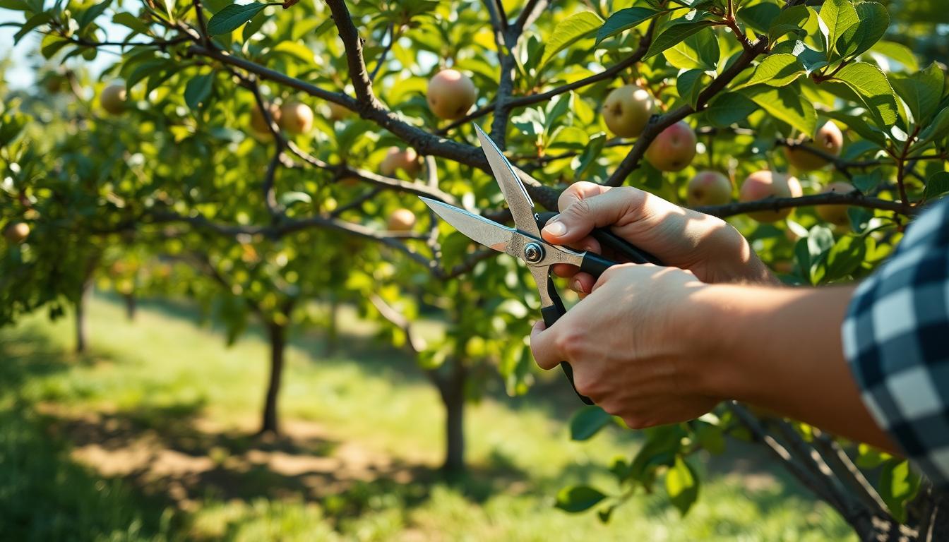 A lush, sun-dappled orchard with a skilled gardener carefully pruning the branches of an apple tree. The foreground shows the gardener's hands expertly wielding sharp pruning shears, their motions precise and deliberate. The mid-ground reveals the tree's gnarled, fruit-laden branches, casting playful shadows on the ground. In the background, a verdant canopy of foliage frames the scene, hinting at a bountiful harvest to come. The lighting is warm and golden, creating a serene, inviting atmosphere that captures the essence of caring for productive fruit trees.
