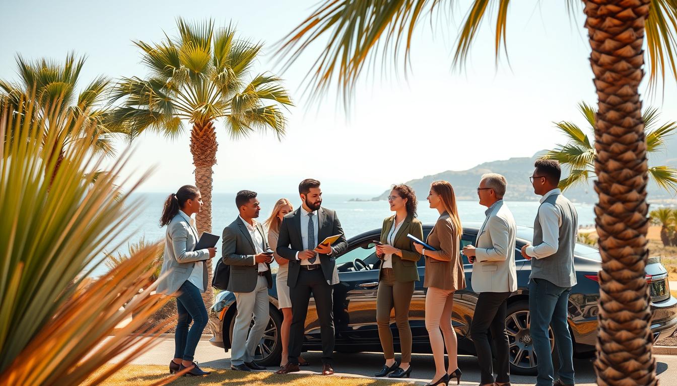 A California landscape featuring a sunny day with palm trees in the foreground, symbolizing low-cost auto insurance. In the middle ground, a diverse group of individuals dressed in professional business attire discuss insurance options beside a sleek, modern car. They are engaging in a friendly conversation, with notepads and smartphones in hand, illustrating a collaborative discussion about finding affordable rates. In the background, the iconic California coastline is visible, highlighting a sense of liveliness and opportunity. The lighting is bright and warm, casting soft shadows that evoke a welcoming mood. The image is shot from a slightly elevated angle to capture both the people and the stunning scenery, creating a vibrant, optimistic atmosphere focused on cost-effective solutions for auto insurance.