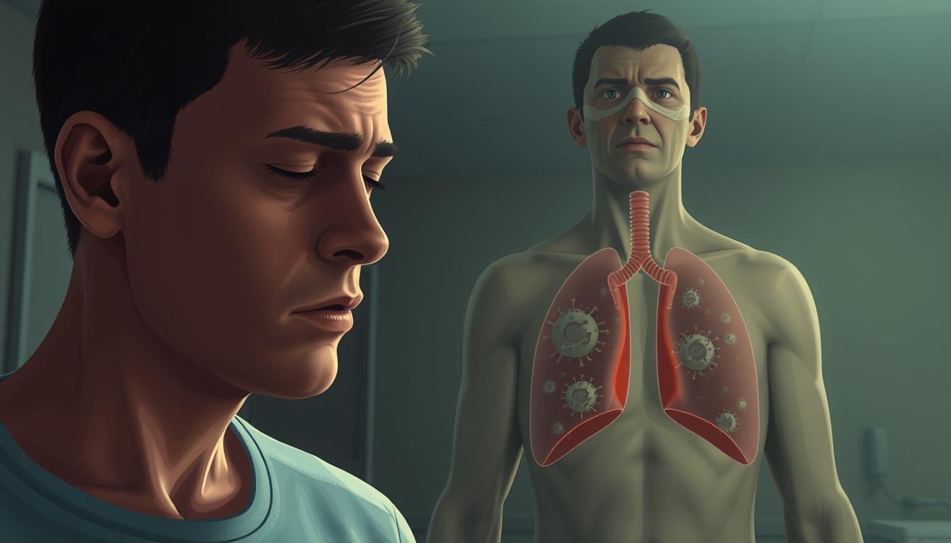 Symptoms of coronavirus: a photorealistic illustration depicting a person with visible symptoms of COVID-19. In the foreground, the person's face shows typical signs like fever, fatigue, and difficulty breathing. The middle ground features a detailed rendering of the person's chest, with subtle indications of lung inflammation and congestion. The background is a muted, clinical environment, with soft lighting and a sense of unease. The overall mood is one of concern and medical urgency, conveying the physical health consequences of the coronavirus pandemic.