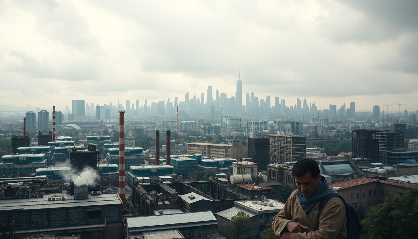 A bustling cityscape, its skyline obscured by ominous clouds. In the foreground, a family struggles to make ends meet, their meager savings dwindling. Factories lie dormant, their smokestacks silent. A stark contrast to the vibrant, thriving metropolis of the past. The pandemic's economic toll is etched in the faces of the unemployed, the shuttered storefronts, and the growing inequalities. Soft, muted lighting casts a somber, melancholic mood over the scene, capturing the weight of the crisis. Through a cinematic, wide-angle lens, the viewer is immersed in the tangible impact of the global upheaval.