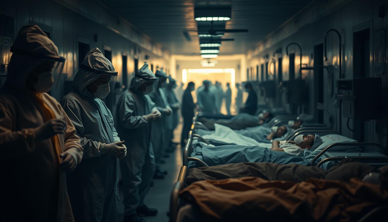 A dimly lit hospital ward, the air thick with a sense of vigilance. In the foreground, a team of healthcare workers diligently don personal protective equipment, their movements purposeful and precise. In the middle ground, a group of patients lie in beds, their faces obscured by oxygen masks, a testament to the gravity of the situation. The background is a blur of activity, with medical equipment and supply carts lining the halls, conveying the urgency of the moment. Soft, warm lighting casts a somber yet hopeful glow, underscoring the dedication and resilience of those tasked with combating the unseen threat. This scene encapsulates the collective effort to safeguard public health in the face of an unprecedented global crisis.