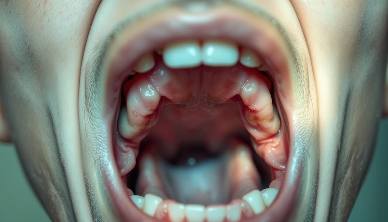 A close-up view of an open human mouth, displaying distinct oral manifestations associated with COVID-19. The mouth is illuminated by soft, natural lighting, revealing inflamed gums, ulcers, and discoloration on the tongue and inner cheeks. The scene is captured with a macro lens, providing a detailed, high-resolution examination of the subtle yet concerning changes to the oral cavity. The overall atmosphere conveys a sense of clinical investigation, inviting the viewer to understand the impacts of the coronavirus on the human body's internal structures and systems.