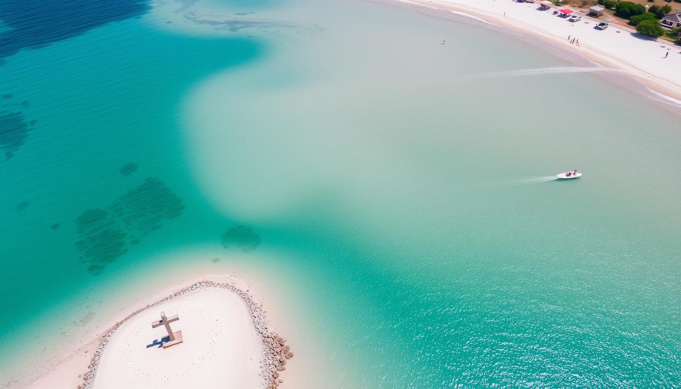 Vista aérea da Praia de Coroa Vermelha com sua famosa ponta de areia