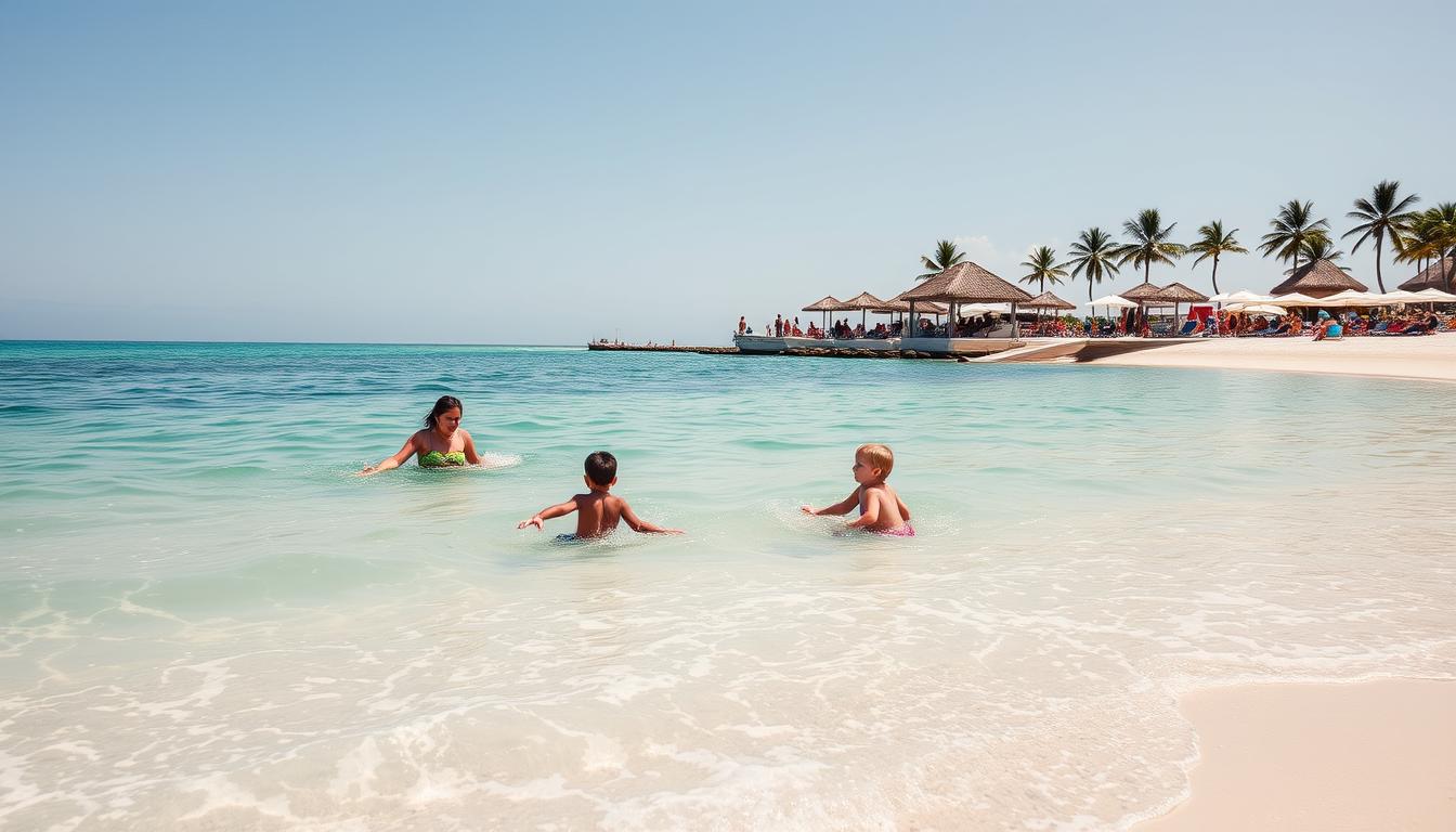 Família aproveitando as águas calmas da Praia do Mutá em Porto Seguro