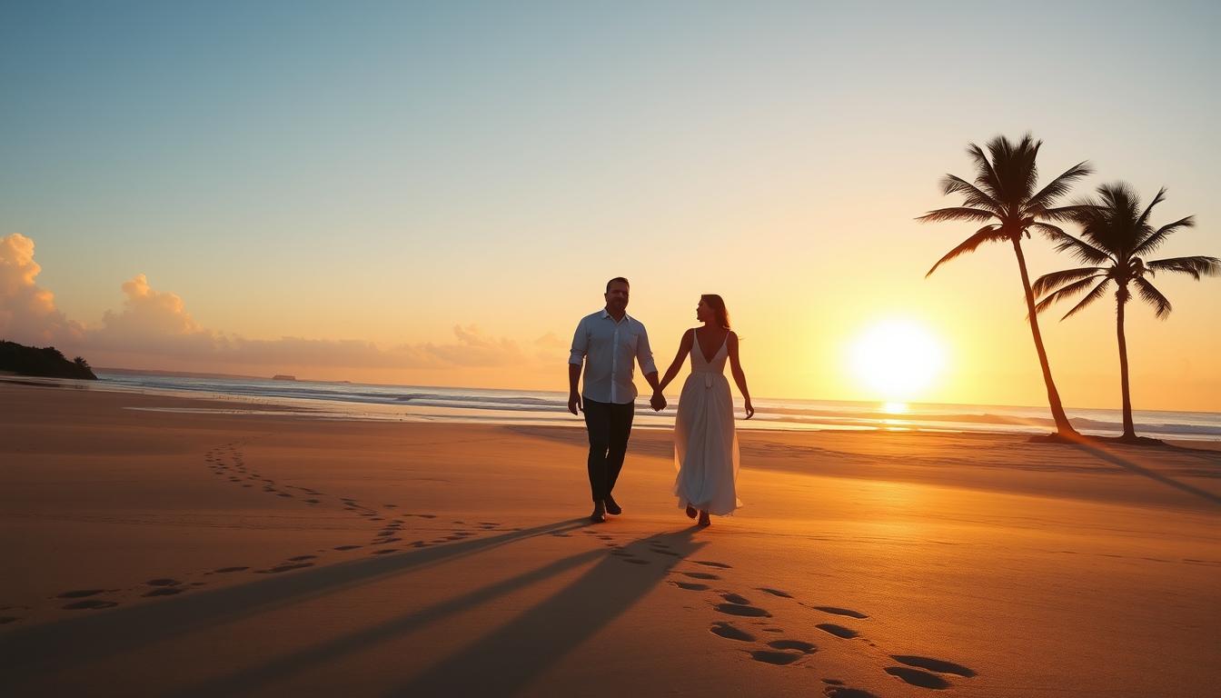 Casal caminhando ao pôr do sol em uma das melhores praias de Porto Seguro