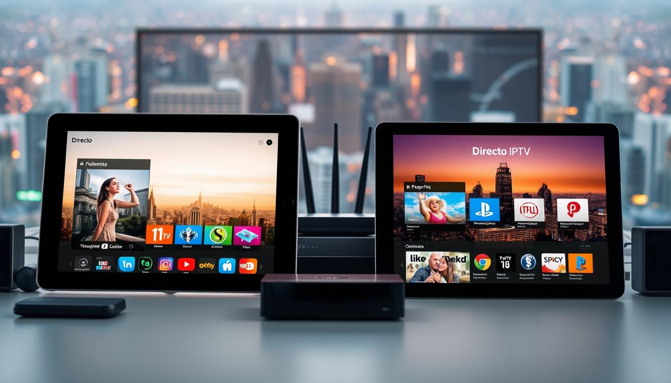 A detailed comparison of professional IPTV and alternative streaming services, showcasing the Directo IPTV brand. The foreground depicts two tablet devices displaying contrasting IPTV interfaces, one professional and one consumer-oriented. The middle ground features a cluster of smart devices, routers, and networking equipment, highlighting the technical infrastructure. The background showcases a vibrant cityscape, representing the diverse urban environment where IPTV services are consumed. Soft, diffused lighting creates a warm, inviting atmosphere, with a focus on clean, modern design elements. The overall composition emphasizes the practical and technological aspects of IPTV while conveying a sense of accessibility and user-friendliness.
