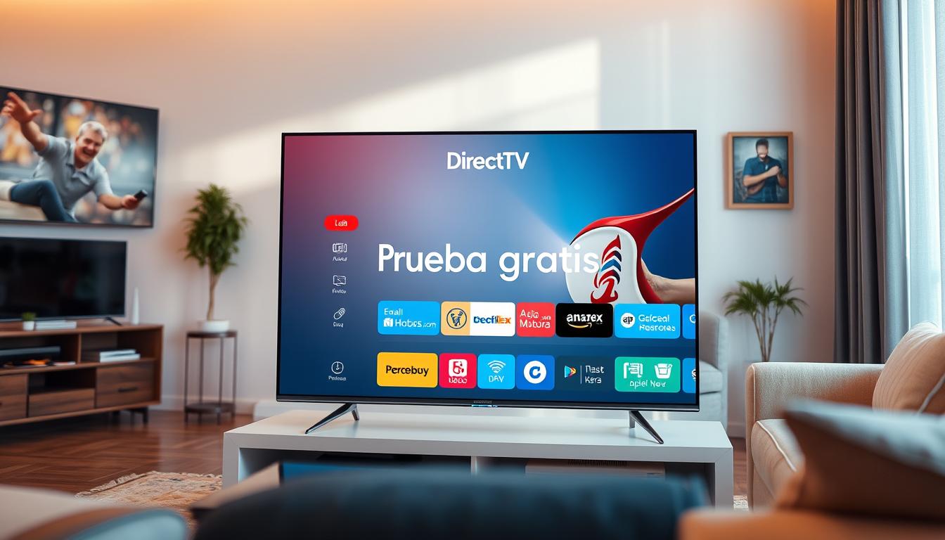 A modern, sleek-looking smart TV display showcasing the "Directo IPTV" brand, set against a warm, inviting living room atmosphere. The TV screen displays an enticing "Prueba gratis" offer, with a simple, intuitive interface highlighting the key IPTV features. The room is bathed in soft, natural lighting, creating a cozy, welcoming ambiance. The overall composition conveys a sense of accessibility and the promise of an enjoyable, hassle-free IPTV experience.