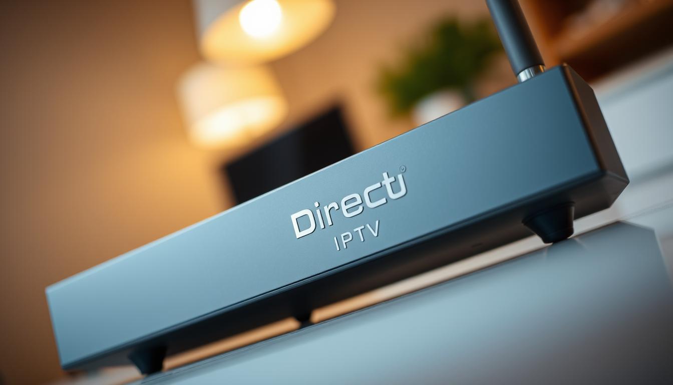 A striking close-up shot of the "Directo IPTV" branded device, showcasing its sleek and modern design. The device is positioned prominently in the foreground, capturing the attention of the viewer. The lighting is soft and diffused, creating a warm and inviting atmosphere. The background is slightly blurred, placing the focus squarely on the device and its key features. The camera angle is slightly elevated, giving a sense of authority and importance to the subject. The overall composition is balanced and visually compelling, capturing the essence of the "Smart One IPTV" and its key characteristics.