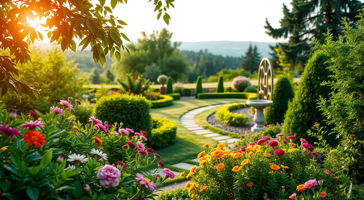 Lush greenery and harmonious garden elements compose a tranquil outdoor scene. In the foreground, vibrant flowers and neatly trimmed shrubs create a welcoming atmosphere. The middle ground features a meandering path, guiding the viewer through the serene landscape. Strategically placed garden ornaments, such as a birdbath or a decorative trellis, add visual interest. The background showcases a blend of mature trees and a distant horizon, evoking a sense of depth and natural balance. Soft, diffused lighting casts a warm, inviting glow, complementing the organic palette. The overall composition radiates a sense of calm and thoughtful design, embodying the core principles of landscaping and gardening.