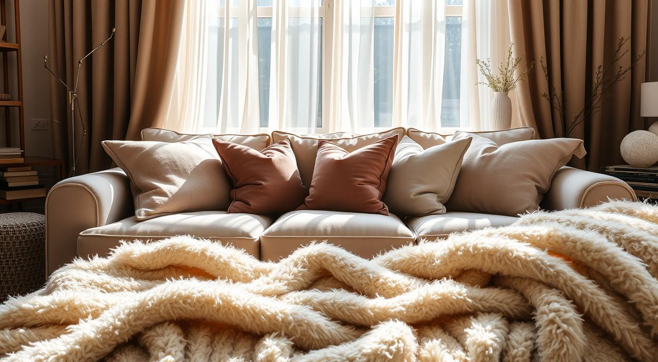 A cozy living room with a plush, inviting sofa surrounded by an array of luxurious fabrics. Soft, muted tones of velvet, linen, and wool create a warm, tactile atmosphere. Sunlight filters through sheer curtains, casting a gentle glow on the textured surfaces. Decorative pillows in complementary hues and patterns add depth and visual interest. In the foreground, a lush throw blanket invites touch and relaxation. The overall scene evokes a sense of comfort, sophistication, and effortless style.