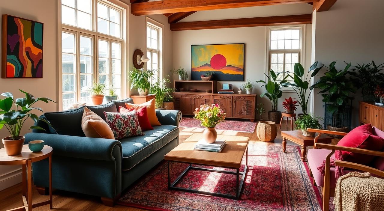 A harmonious living room filled with vibrant, complementary hues. Soft natural light filters through large windows, casting a warm glow on the carefully curated color scheme. A plush, jewel-toned sofa anchors the space, accented by throw pillows in muted earth tones. Pops of vibrant color in the form of artwork, rugs, and potted plants add depth and visual interest. Wooden furniture and exposed beams create a cozy, rustic ambiance. The overall effect is a balanced, inviting space that showcases the power of strategic color coordination in home decor.