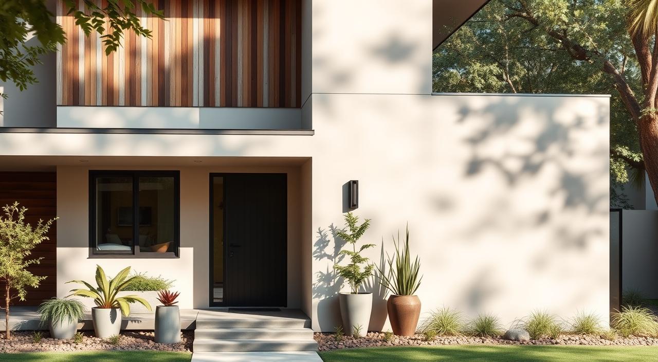 A tranquil, modern facade of a house, bathed in soft, natural light. The exterior is adorned with a harmonious palette of neutral tones, ranging from warm beiges to cooler grays, seamlessly blending with the surrounding environment. Textures of smooth stucco, weathered wood, and sleek metal accents create a sophisticated, minimalist aesthetic. The overall composition is balanced, with clean lines and a sense of understated elegance. A carefully curated selection of potted plants and well-manicured landscaping add a touch of organic warmth to the scene. The image conveys a sense of timeless, contemporary style that would be well-suited for the article's focus on "Sophisticated Neutral Exteriors."