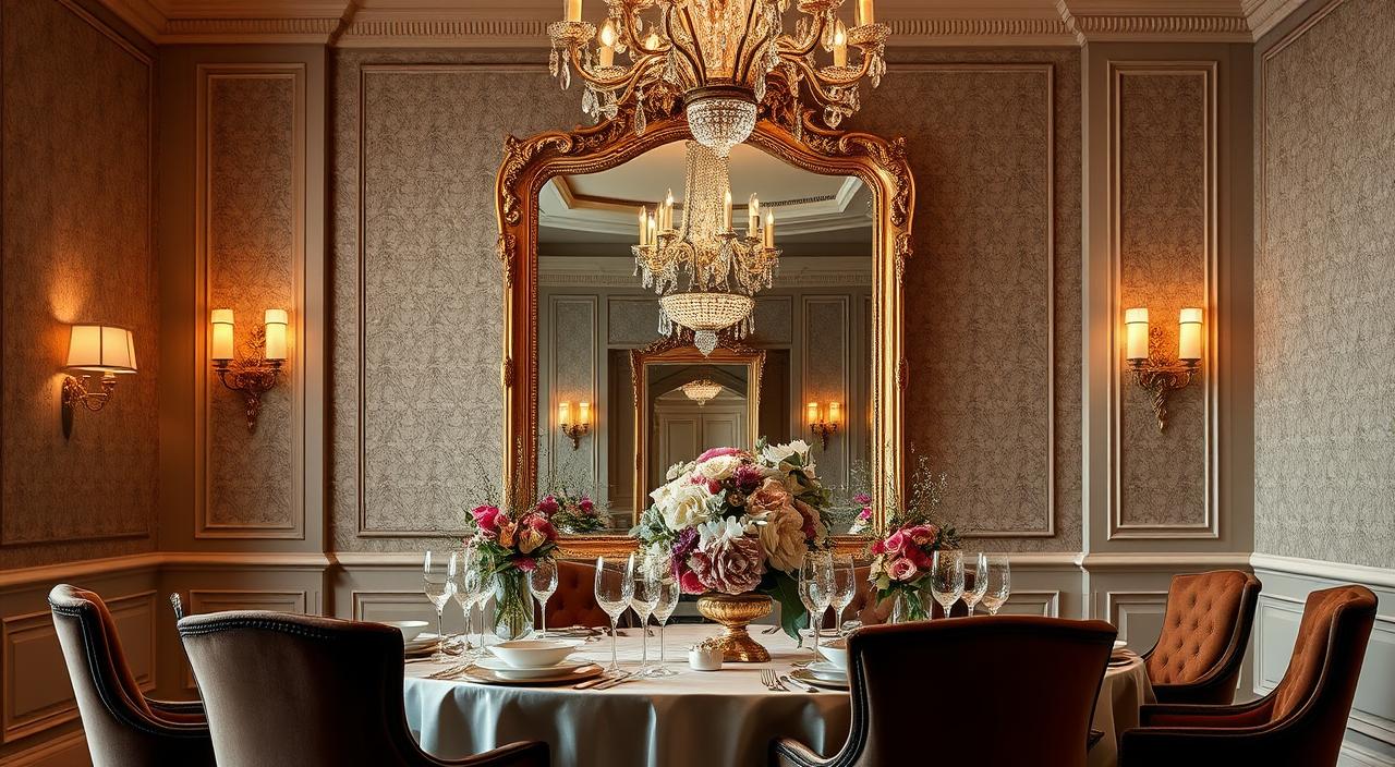 A luxurious and elegant dining room with a stunning centerpiece mirror. The mirror is framed in a gilded, ornate design, reflecting the light and creating a sense of depth and grandeur. The dining table is set with fine china, crystal glassware, and exquisite floral arrangements, creating a sophisticated ambiance. Soft, warm lighting from wall sconces and a sparkling chandelier above cast a gentle glow, accentuating the mirror's reflective beauty. The walls are adorned with rich, textured wallpaper in a muted, earthy palette, complementing the room's refined aesthetic. Plush, velvet upholstered chairs surround the table, inviting guests to linger and savor the refined atmosphere.