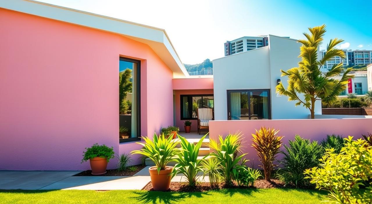 A modern house facade with a fresh, vibrant color palette. A bright, warm sunlight bathes the scene, casting soft shadows across the smooth, textured walls. The foreground features a well-maintained garden with lush greenery and potted plants, adding a natural, inviting element. In the middle ground, the house's clean, minimalist architecture stands out, with large windows and a sleek, geometric design. The background blends seamlessly, showcasing a picturesque urban landscape with other modern buildings in the distance. The overall composition conveys a sense of harmony, modernity, and curb appeal, perfectly capturing the essence of "Dicas de Aplicação para Renovar sua Fachada".