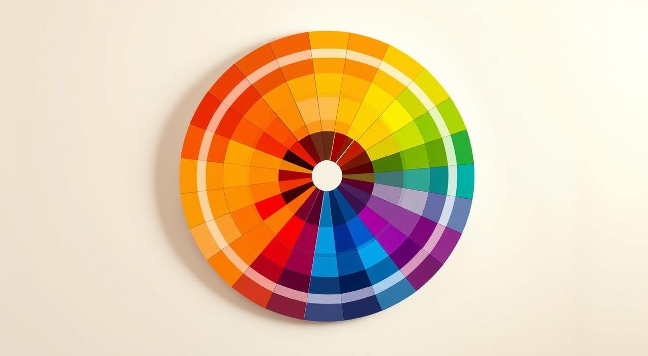 A vibrant color wheel against a clean, minimalist background, showcasing a comprehensive palette of hues arranged in a classic circular formation. The colors flow seamlessly, transitioning from warm tones to cool tones, with each hue precisely positioned to illustrate harmonious color combinations. The lighting is soft and diffused, creating a sense of depth and dimension, while the camera angle captures the wheel in a slightly elevated perspective, allowing the viewer to appreciate the symmetry and balance of the design. The overall atmosphere is one of order, clarity, and a deep understanding of the principles of color theory, perfectly suited to guide the reader through the process of defining the perfect color palette.