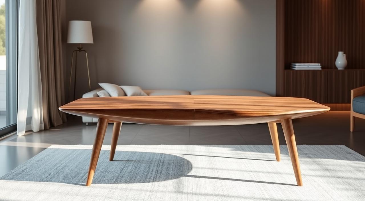 A beautifully crafted decorative mesa de canto, standing as the centerpiece of a stylish living room in 2025. The sleek, modern design features a smooth, curved wooden top, supported by slender, tapered legs in a warm, natural finish. Soft, indirect lighting cascades over the surface, creating a cozy, inviting ambiance. The mesa is strategically placed, seamlessly integrating with the room's minimalist, yet sophisticated decor. Subtle details, such as understated metal accents, add a touch of elegance. This versatile piece serves as both a functional and visually striking complement to the space, perfectly embodying the ideal mesa de canto for the modern home.