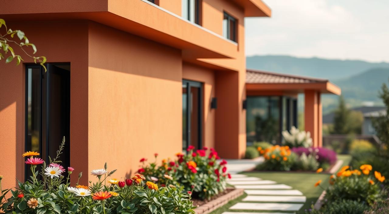 A meticulously designed exterior showcasing the latest color trends for 2025. In the foreground, a modern, minimalist house with clean lines and a sleek facade bathed in a warm, earthy palette of terracotta, ochre, and subtle hints of sage. The middle ground features a lush, well-manicured garden with vibrant flowering plants that complement the house's colors. Overhead, a soft, diffused natural light casts gentle shadows, creating a sense of depth and dimensionality. The background features a blurred, picturesque landscape, hinting at the harmony between the structure and its surrounding environment. The overall composition conveys a sense of tranquility, sophistication, and a deep connection to the natural world.