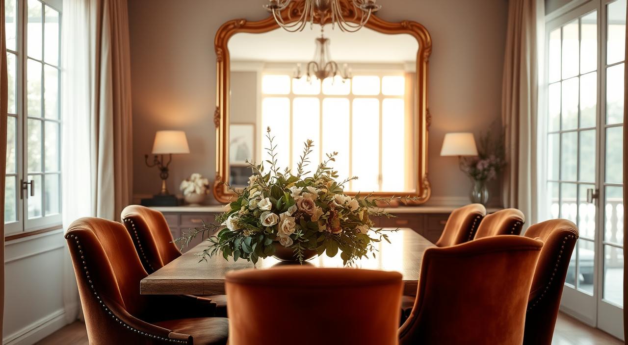 Decoração com espelho na sala de Jantar