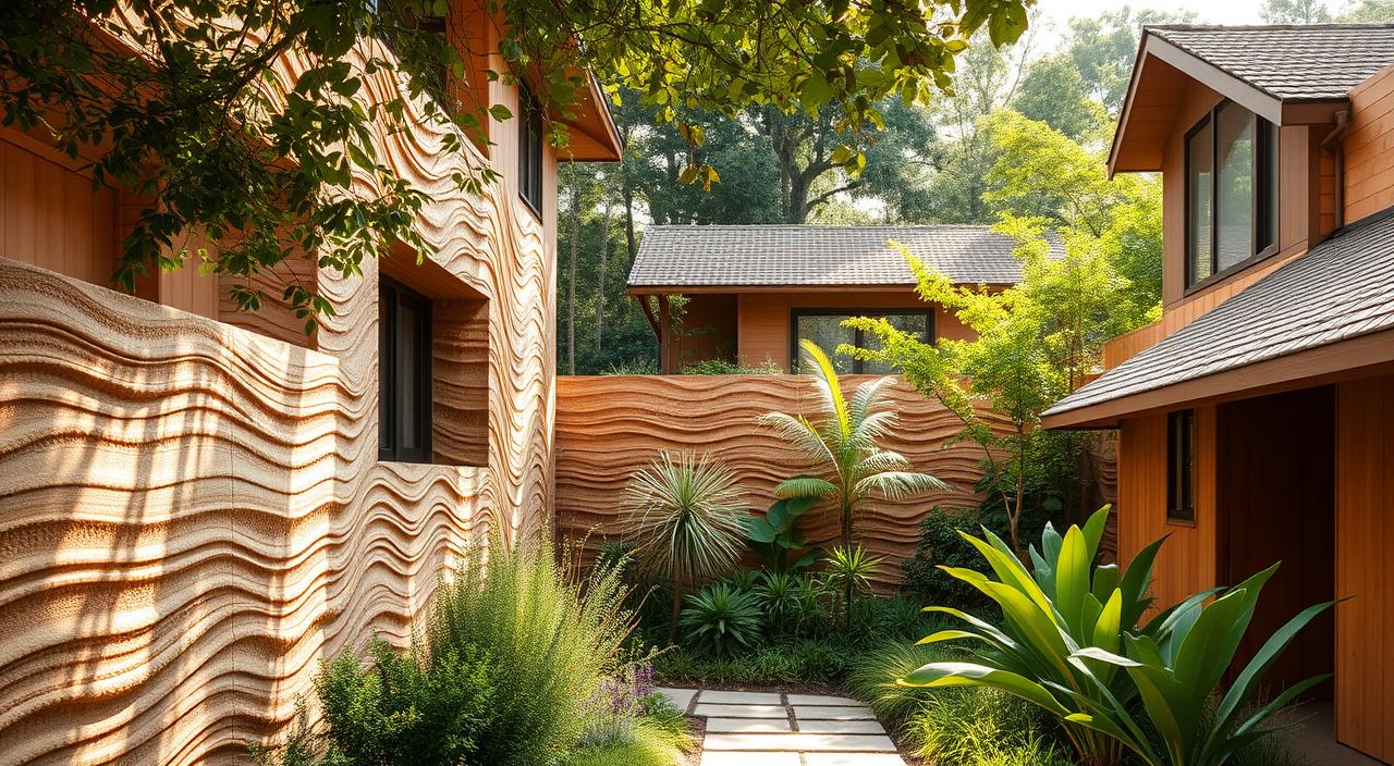 Sustainable facade cores: a serene outdoor oasis with textured, natural materials in earthy tones. Undulating terracotta and straw-colored panels set against a backdrop of lush greenery, bathed in warm, diffused sunlight. Architectural details like recessed windows and angled roofs create depth and dimension. The overall atmosphere is one of tranquility and environmental harmony, reflecting the theme of sustainable design.