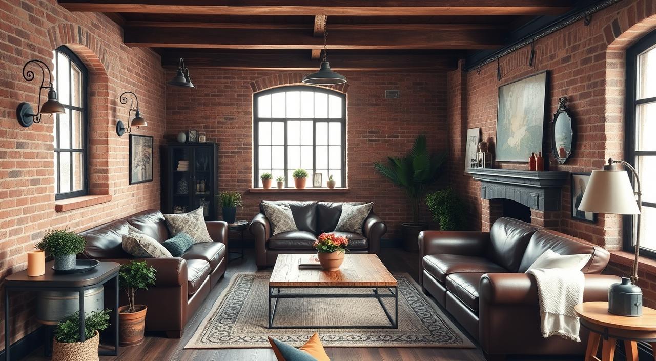 A cozy and inviting rustic and industrial style living room with exposed brick walls, weathered wooden beams, and metal accents. Natural textures and earthy tones create a warm and welcoming ambiance, complemented by soft lighting from vintage-inspired wall sconces and a centrally placed pendant lamp. A large window allows natural sunlight to stream in, casting a gentle glow on the space. Plush leather sofas and armchairs invite relaxation, while a metal and wood coffee table and side tables add an industrial touch. Potted plants and vintage decor pieces add the final touches to this harmonious blend of rustic and industrial elements.
