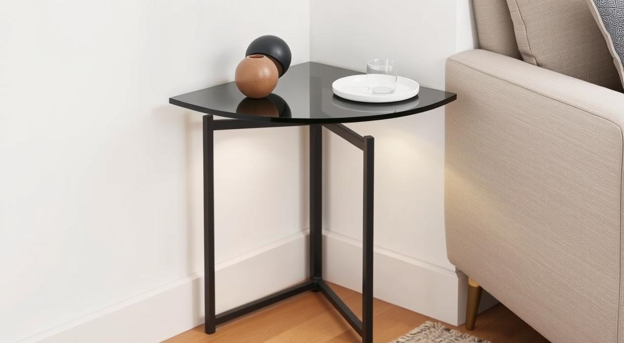 A multifunctional corner table with a sleek, modern design, featuring a smooth, tempered glass top resting on a sturdy, powder-coated metal frame. The table's compact size and versatile functionality make it an ideal addition to any living room, providing a practical surface for displaying decor, serving light refreshments, or as a charming end table. Subtle ambient lighting emanates from beneath the glass, creating a warm and inviting atmosphere. The table's clean lines and minimalist aesthetic seamlessly integrate with a variety of interior styles, from contemporary to mid-century modern. Captured in a softly lit, photographic scene that emphasizes the table's elegant simplicity and multifunctional appeal.
