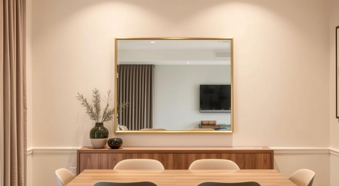 A cozy dining room with a carefully selected mirror as the focal point. The mirror is rectangular in shape, with a sleek modern frame in a warm metallic finish that complements the room's neutral color palette. The mirror is positioned at eye level, creating a sense of balance and elegance. Soft, diffused lighting illuminates the space, casting a gentle glow on the mirror's surface and the surrounding decor. In the foreground, a wooden dining table with minimalist chairs invites guests to gather and appreciate the carefully curated ambiance. The mirror's size is thoughtfully chosen to enhance the room's proportions, reflecting the space and creating an illusion of depth. This harmonious composition showcases the ideal mirror selection for a refined and stylish dining room.