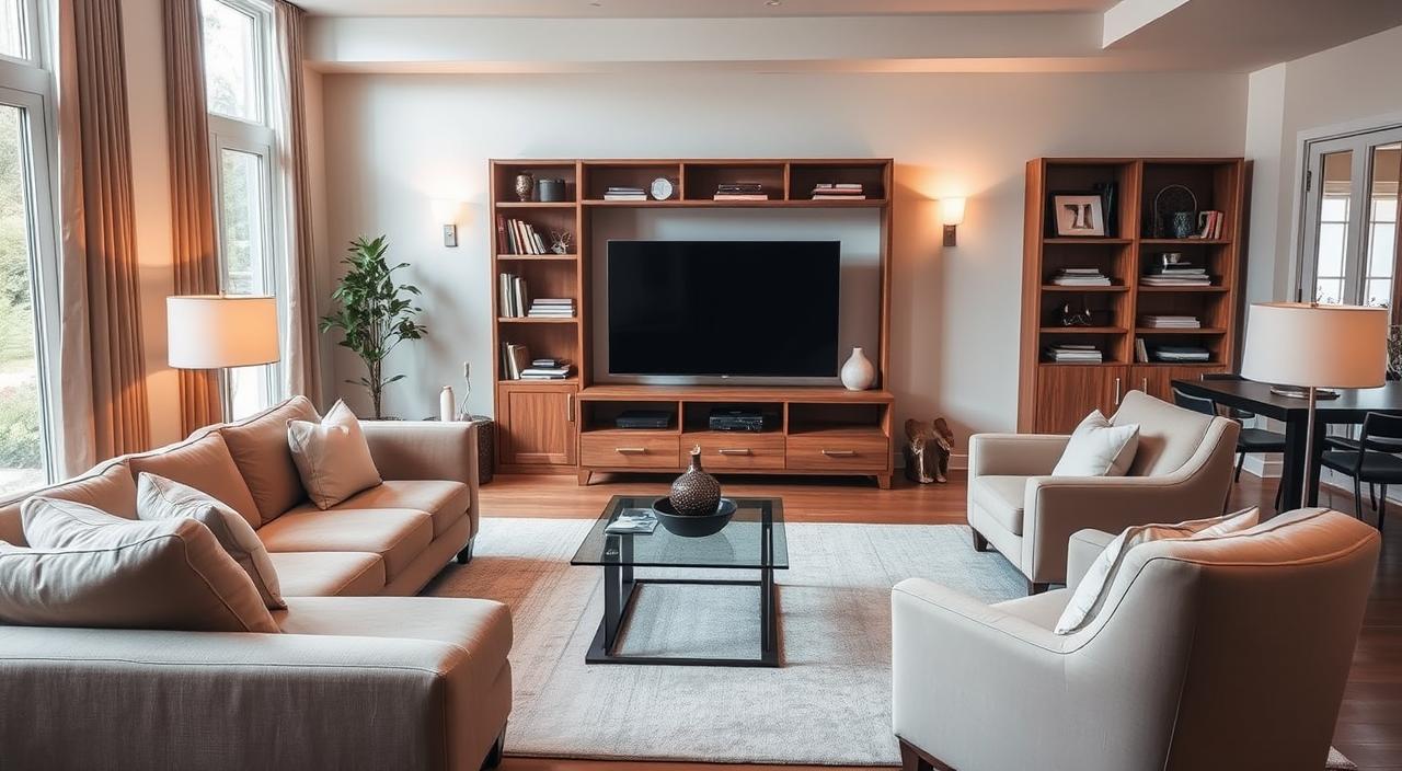 A cozy and inviting living room with a harmonious arrangement of stylish and functional furniture. In the foreground, a plush, L-shaped sectional sofa in a neutral tone, accompanied by a modern, low-profile coffee table with a glass top. Strategically placed on the sides, a pair of comfortable armchairs in a complementary color palette, creating a conversational seating area. In the middle ground, a sleek and minimalist TV console, housing a large flatscreen TV and providing ample storage space. Behind, a wooden bookshelf extends the length of the wall, showcasing an array of decorative accents and personal touches. The room is illuminated by a combination of natural light filtering through large windows and warm, ambient lighting from a pair of modern table lamps. The overall atmosphere is one of relaxation and sophistication, perfectly suited for a cozy and inviting living space.