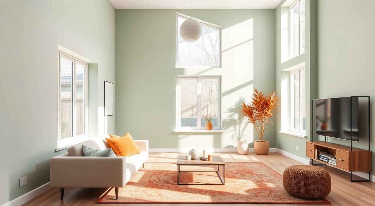 A harmonious color palette fills a modern, minimalist residential living space. The walls are painted in soft, muted tones of sage green and pale blue, creating a serene and calming atmosphere. Warm wood accents, such as a sleek coffee table and shelving unit, add depth and texture to the room. Sunlight streams in through large windows, casting a gentle glow and illuminating the space. Subtle pops of color come from plush textiles, such as a vibrant ochre throw pillow and a patterned area rug in shades of terracotta and rust. The overall effect is one of balance, sophistication, and inspiration for residential color schemes.