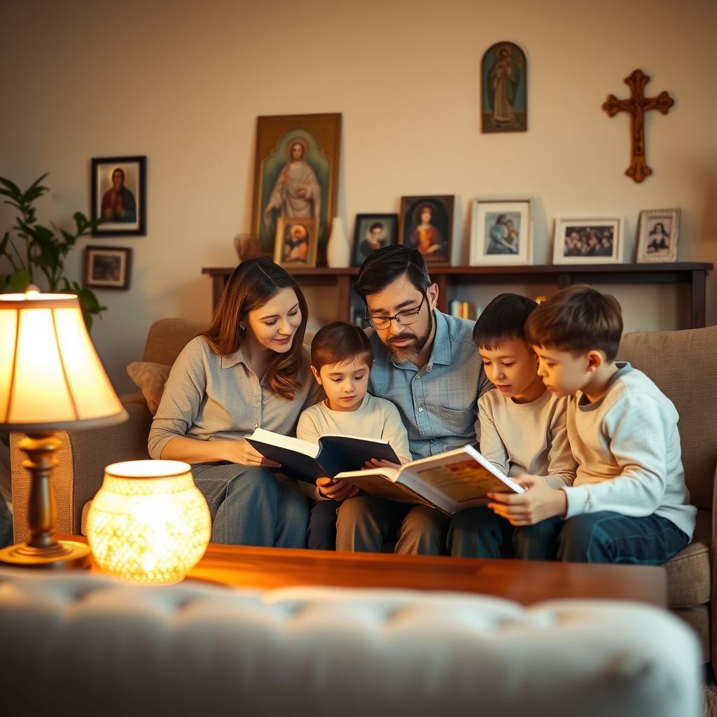 A warm, inviting family scene in a cozy living room. In the foreground, a Catholic family gathers around the coffee table, engaged in a thoughtful gospel reflection. The parents sit side by side, their expressions serene as they guide their children through the scriptures. Soft lighting from a nearby lamp casts a gentle glow, creating a contemplative atmosphere. In the middle ground, family photos and religious iconography adorn the walls, reflecting the faith-filled nature of the household. The background features a plush sofa and armchair, suggesting a comfortable, lived-in space where this sacred moment takes place. Tranquil and reverent, the image captures the essence of a family's spiritual journey.