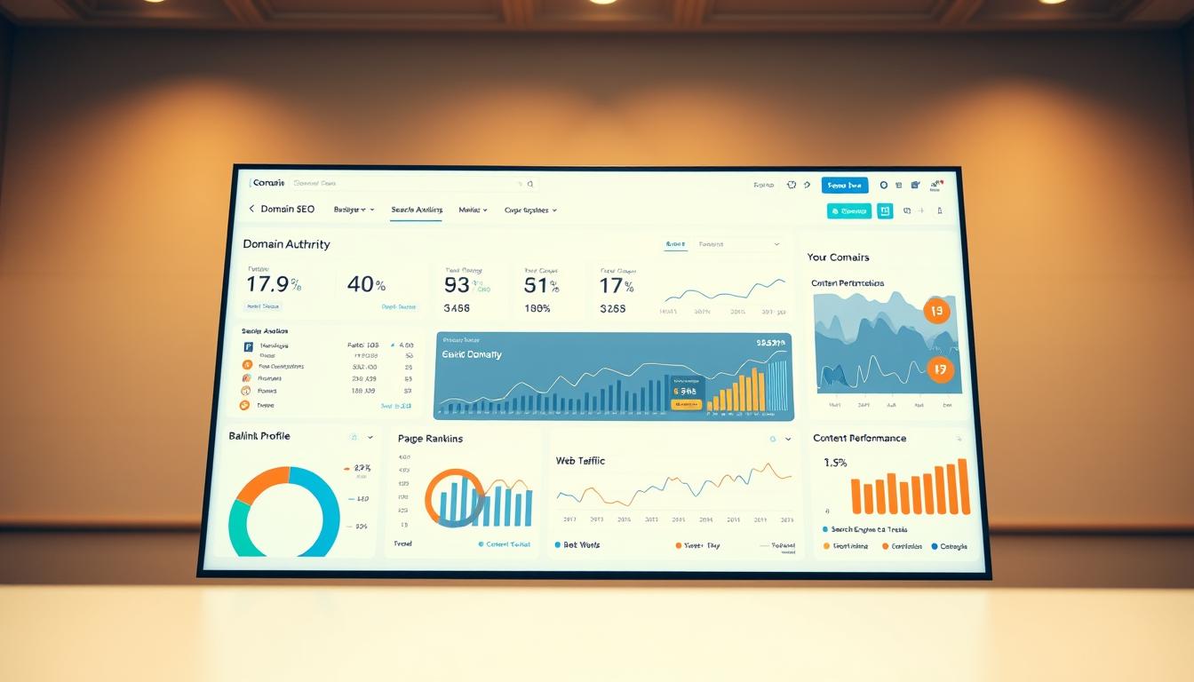 A crisp, clean screen displaying a comprehensive domain SEO analysis dashboard. In the foreground, an intuitive interface showcases key metrics like domain authority, backlink profile, and on-page optimization. The middle ground features visualizations of search engine rankings, web traffic trends, and content performance. The background softly blurs, keeping the focus on the insightful data and analytics that empower users to understand their domain's online presence and authority. Warm, neutral lighting creates a professional, authoritative atmosphere, complemented by a sleek, minimalist design aesthetic.