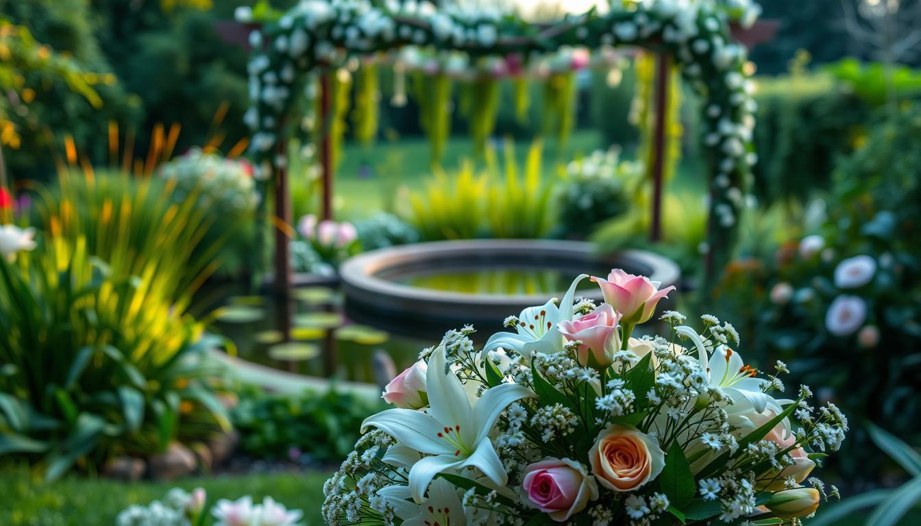A lush, serene garden bathed in soft, warm lighting. In the foreground, a carefully arranged bouquet of delicate sympathy flowers - lilies, roses, and baby's breath - exuding a comforting, soothing presence. The middle ground features a tranquil pond, its still waters reflecting the surrounding greenery. In the background, a wooden arbor draped with cascading vines and flowers, creating a sense of sanctuary and solace. The overall atmosphere evokes a profound sense of empathy, compassion, and the importance of honoring the memory of a loved one through the thoughtful presentation of these meaningful floral tributes.