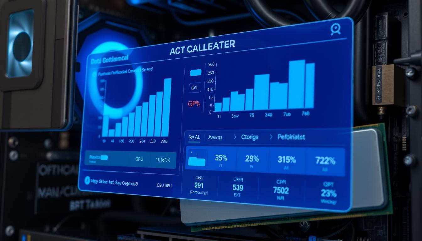 PC components with bottleneck calculator interface showing performance analysis